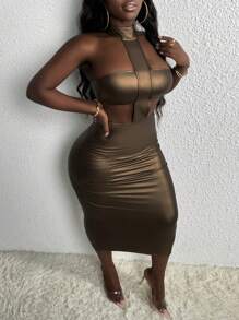 Slaydiva Vestido ajustado de cintura con abertura de cuello halter de espalda abierta de color metálico - Café - Ver 6