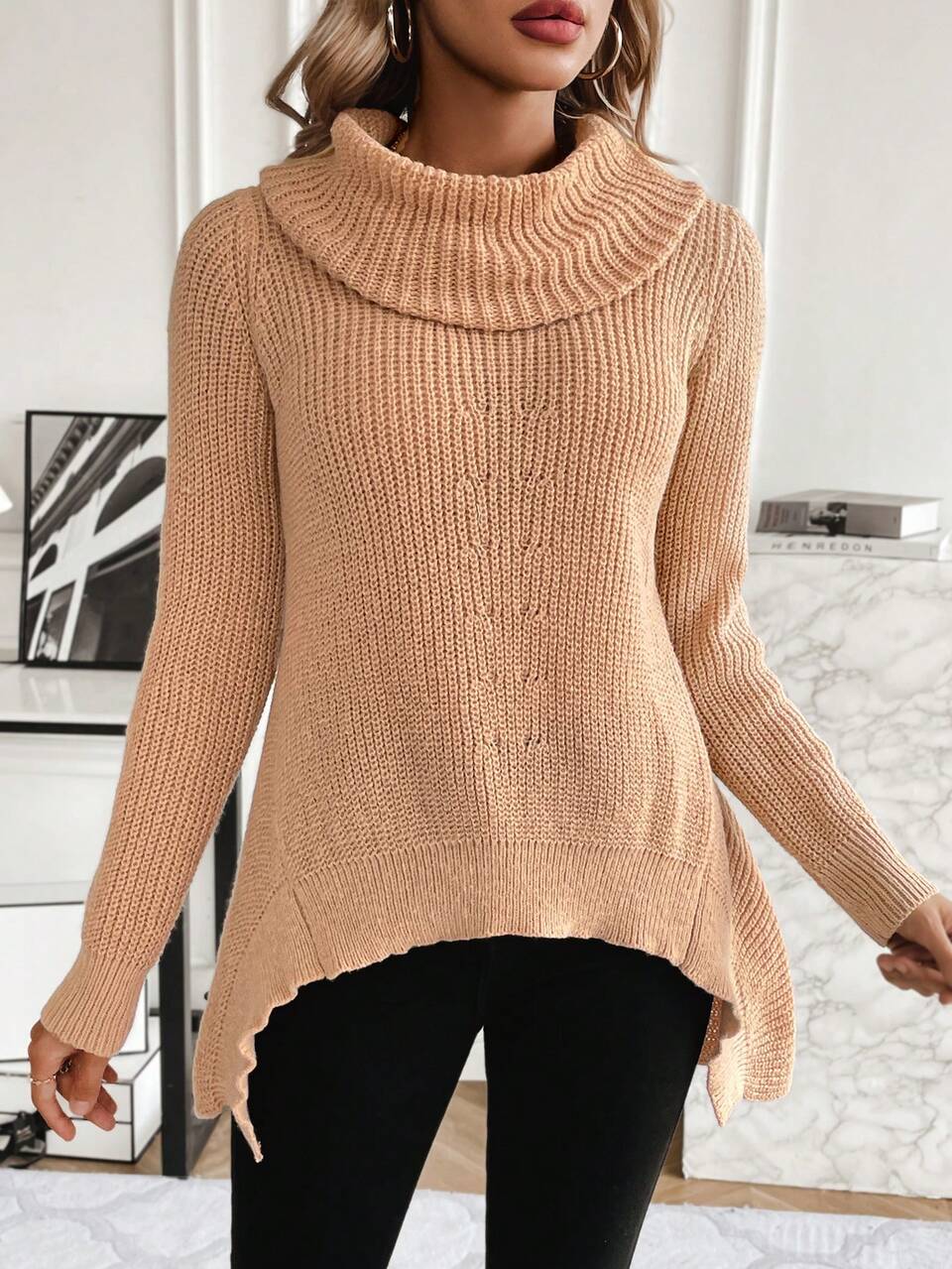 Solid Color Asymmetric Hem Drape Collar Knit Pullover Fall Winter Sweater