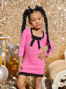 SHEIN Cô Gái Trẻ Viền tương phản Nơ mặt trước Đầm - Hồng - Xem 6