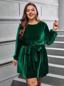 SHEIN LUNE Váy nhung trơn tay đèn lồng cỡ lớn có thắt lưng - màu xanh lá - Xem 4