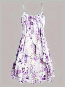 Twist Front Crop Top With Floral Print Dress - Purple - View 4