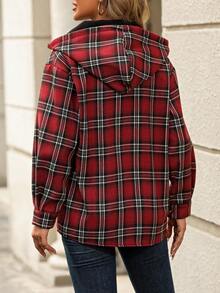 SHEIN LUNE Abrigo con capucha con estampado de cuadros de hombros caídos con cordón - Rojo - Ver 2