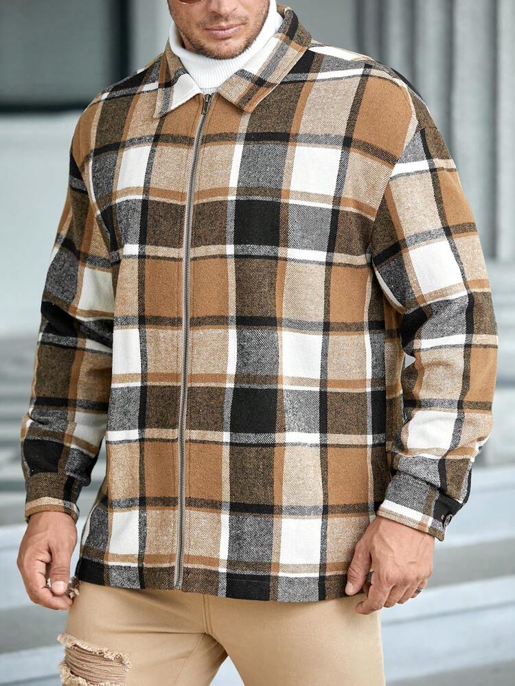 Men Plus Plaid Print Drop Shoulder Overcoat, For Fall Winter