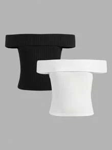 SHEIN Girlism 十幾歲女孩復古簡約街頭時尚針織露肩上衣2件套裝