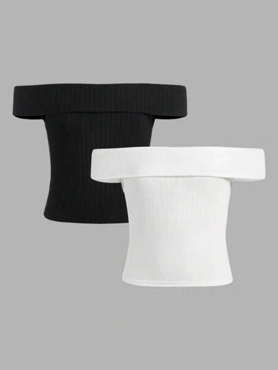 SHEIN Girlism 十幾歲女孩復古簡約街頭時尚針織露肩上衣2件套裝