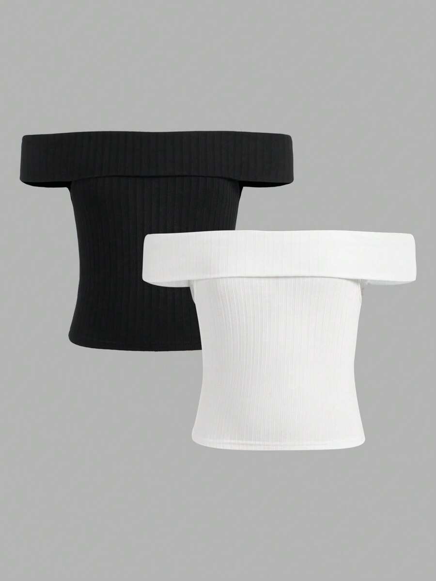 SHEIN Girlism 十幾歲女孩復古簡約街頭時尚針織露肩上衣2件套裝