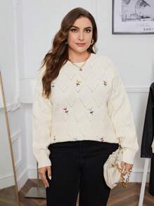 SHEIN Privé Kích thước lớn Thanh lịch Áo len Với Thêu hoa - Màu be - Xem 6