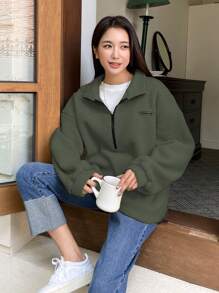 DAZY Thư được vá Một nửa khóa kéo Thả vai Teddy Áo nỉ - màu xanh lá - Xem 5
