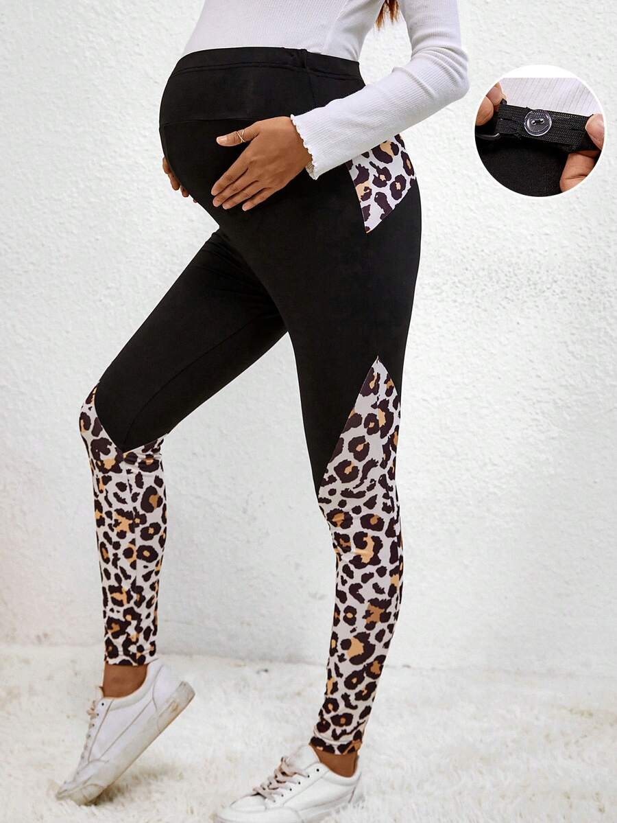 SHEIN Maternity Contrast Leopard Print Leggings With Phone Pocket - Black - View 1