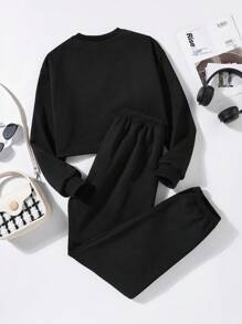 SHEIN ChillGRL 青少年女孩字母圖案加絨內裏衛衣和衛褲 - 黑色 - 查看 2
