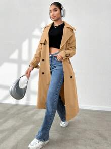 SHEIN Essnce 女性雙排扣腰帶風衣外套 - 卡其色 - 查看 3