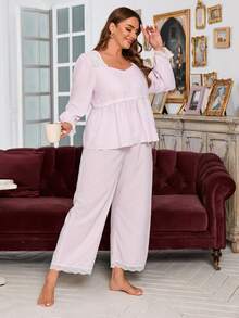 女款大尺碼蕾絲拼接優雅甜心領口睡衣套裝 - 淡紫色 - 查看 3