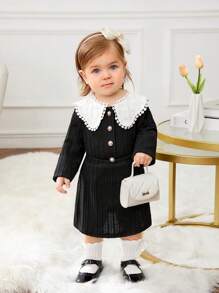 SHEIN Conjunto de chaqueta y falda para bebé niña con cuello Peter Pan y empalme - Negro - Ver 5