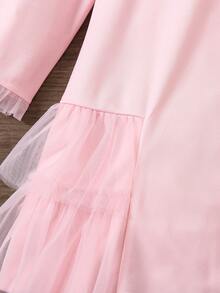 SHEIN 秋冬季少女网眼拼接彼得潘领长袖连衣裙 - 粉色 - 查看 3