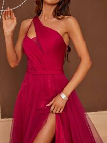 SHEIN Belle Un singur umăr Decupat Mesh Overlay Rochie Rochii de bal pentru femei - Roz - Vizualizare 4