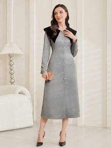 Modelyn 女性拼色翻領洋裝 - 灰色 - 查看 1