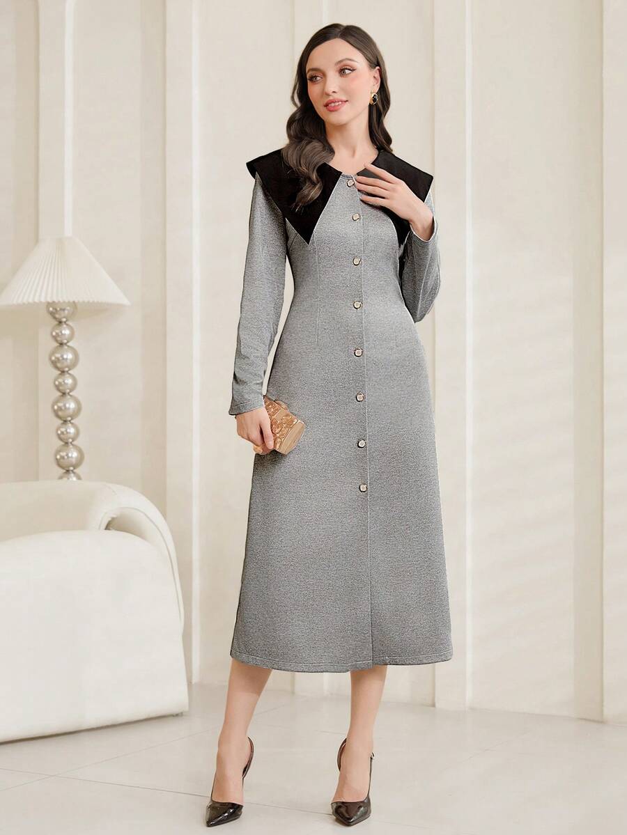 Modelyn 女性拼色翻領洋裝 - 灰色 - 查看 1