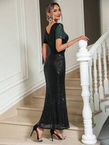 SHEIN Belle Của phụ nữ Khối màu Kim sa Vá lại Đầm - màu xanh lá - Xem 2