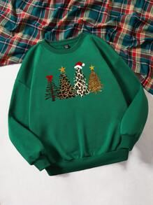 SHEIN LUNE Sudadera con estampado de Navidad de hombros caídos - Verde Oscuro - Ver 4