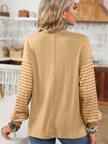 Acelitt Striped Color Block Bishop Sleeve Casual Loose T-Shirt - Khaki - View 2
