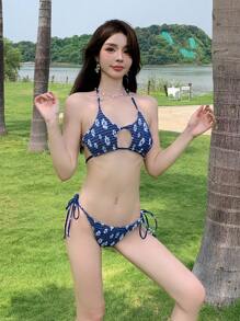 DAZY Bộ bikini hở lưng in hoa dành cho nữ đi biển mùa hè, đồ bơi Tankini trang phục lễ hội - Màu xanh hải quân - Xem 7