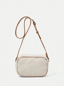 SHEIN VCAY Len cừu Túi đeo chéo Dây đeo có thể điều chỉnh Dây kéo chất liệu da PU - màu nâu - Xem 5