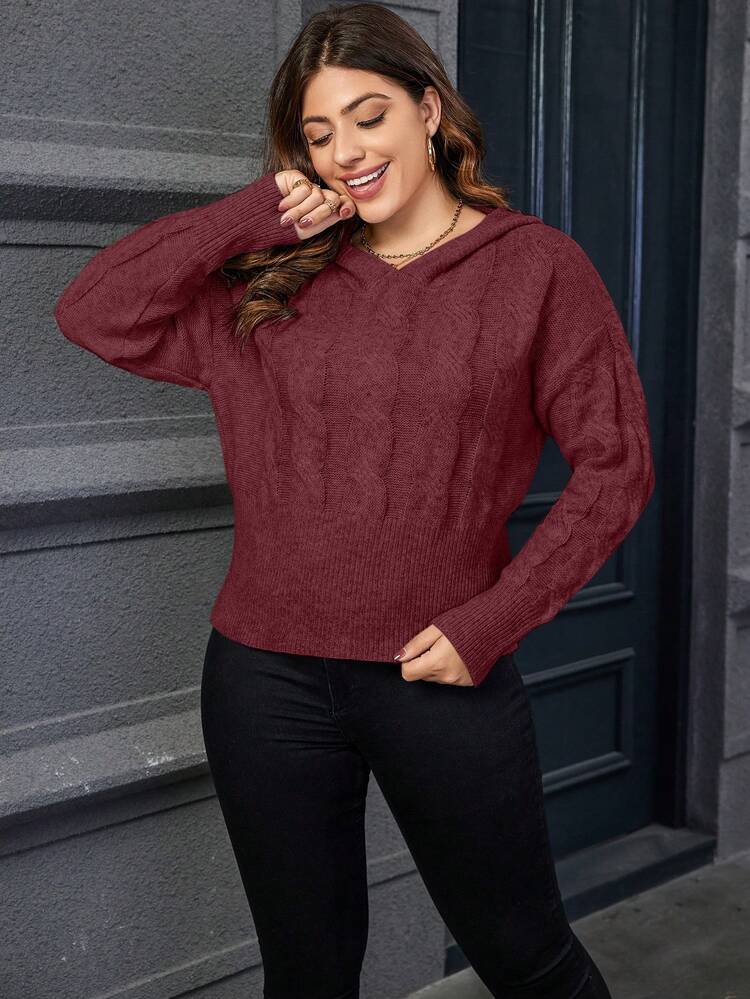 Plus Cable Knit Drop Shoulder Hooded Sweater Knit Pullover Fall Winter Sweater