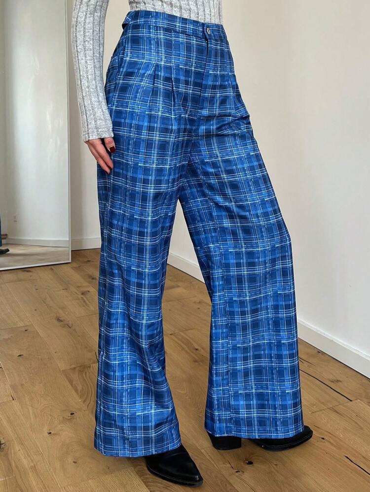 Plaid Print Wide Leg Suit Pants