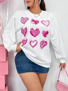 SHEIN Qutie Kích thước lớn Hình trái tim In Thả vai Áo nỉ - trắng - Xem 5