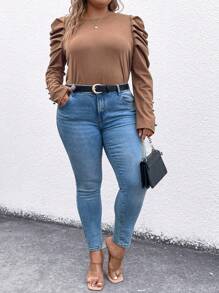 SHEIN LUNE Taglie Forti Maglietta manica gigot - Cammello - Visualizzare 5