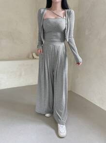 DAZY Solid Color Minimalist Top & Pants Women's Set,Women Two Piece Sets