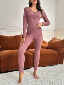Women's Solid Color Lace Patchwork Thermal Underwear Set - Rose Red - View 3