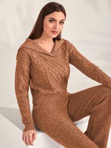 Seusyu Cable Knit Hooded Sweater & Knit Pants - Yellow - View 5