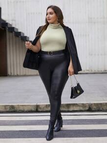 SHEIN Privé Plus Size Elegant Ribbed High Neck Tank Top For Summer - Army Green - View 6