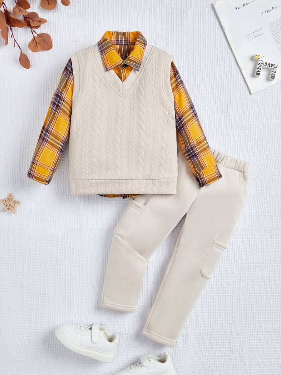 SHEIN 幼兒男童無袖背心搭配格紋襯衫和長褲套裝 - 黑色 - 查看 1