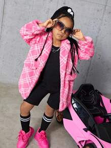 SHEIN Toddler Girls' Plaid Fluffy Jacket - Pink - View 5
