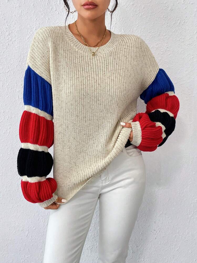 Color Block Virago Sleeve Drop Shoulder Knit Pullover Fall Winter Sweater