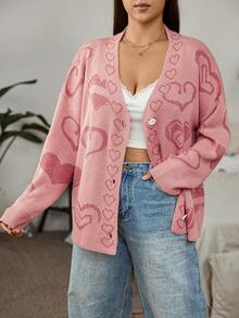 Flirla 大碼愛心圖案落肩袖開襟衫 - 粉色 - 查看 7