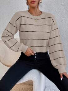 Chiquease Striped Pattern Drop Shoulder Sweater,Long Sleeve Tops Knit Pullover Fall Winter Outfit