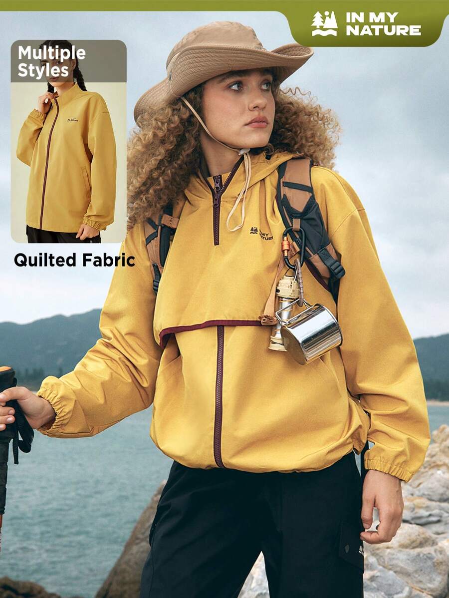 In My Nature Letter Graphic Contrast Binding Hooded Softshell Jacket - Yellow - View 1