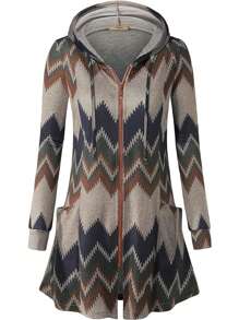 Chevron Print Zipper Front Hooded Coat - Khaki - View 1