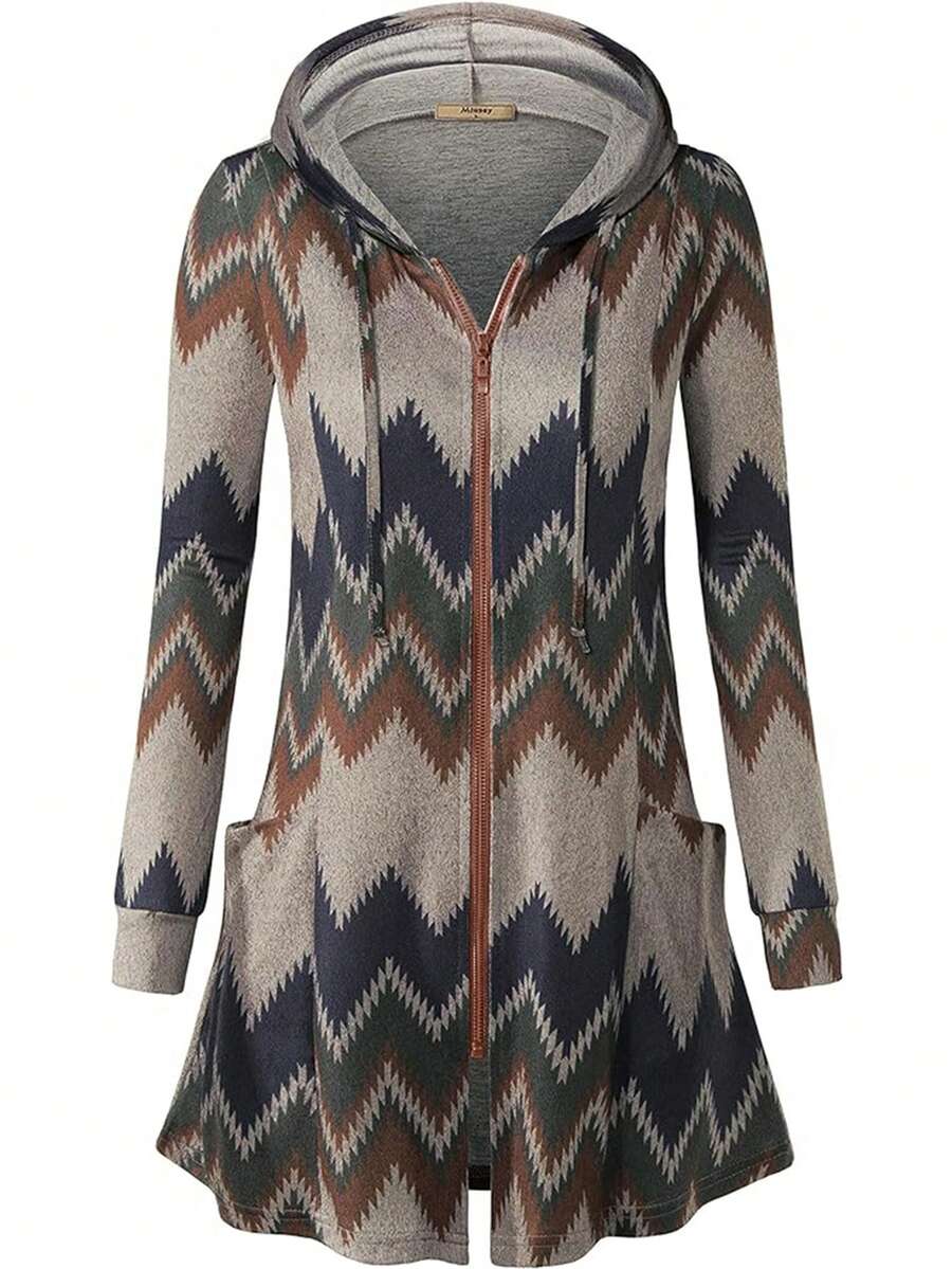 Chevron Print Zipper Front Hooded Coat - Khaki - View 1