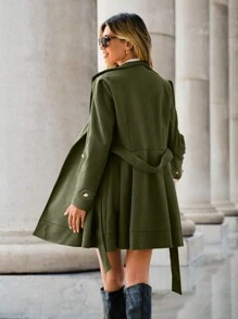 SHEIN LUNE Waterfall Collar Belted Overcoat - Dark Green - View 2