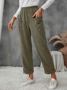 SHEIN LUNE 女性休閒純色彈性腰短褲,帶雙口袋 - 軍綠色 - 查看 1