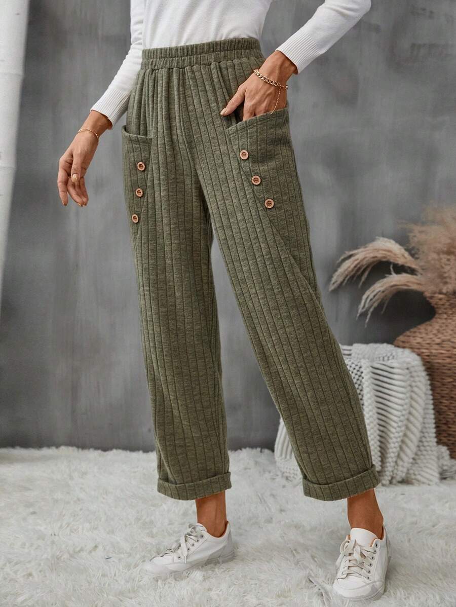 SHEIN LUNE 女性休閒純色彈性腰短褲,帶雙口袋 - 軍綠色 - 查看 1