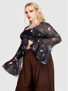 ROMWE Hippie Plus Size Bell Sleeve Sun Moon Mesh Tie Front Top - Multicolor - View 6
