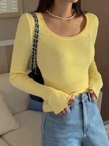 DAZY Solid Scoop Neck Ribbed Knit Sweater,Long Sleeve Tops,Fall Women Clothes - Yellow - View 1