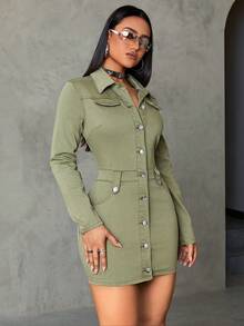 SHEIN ICON 扣釦前襟垂墜細節牛仔裙 - 軍綠色 - 查看 4
