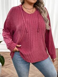 SHEIN CURVE+ Hơn Thả vai Dây rút Áo nỉ có mũ - Màu Hồng Tươi - Xem 5