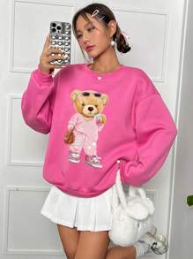 SHEIN EZwear 卡通熊設計的長袖圓領女士運動衫，休閒適合，適用於秋冬季節 - 玫紅色 - 查看 1